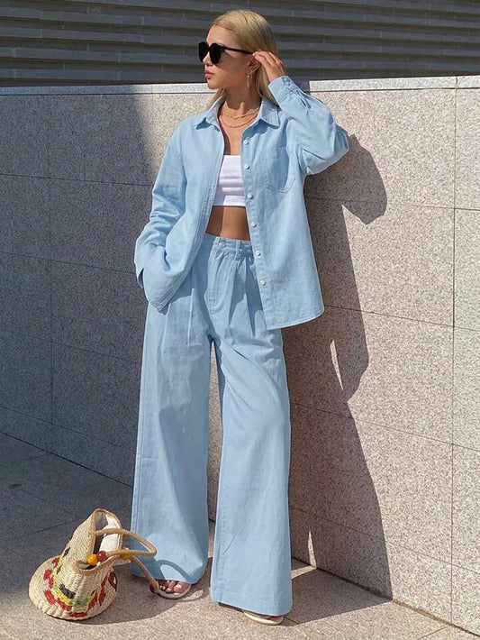CM-SS661802 Women Casual Seoul Style Collared Long Sleeve Loose Denim Shirt With Straight-Leg Pants - Set