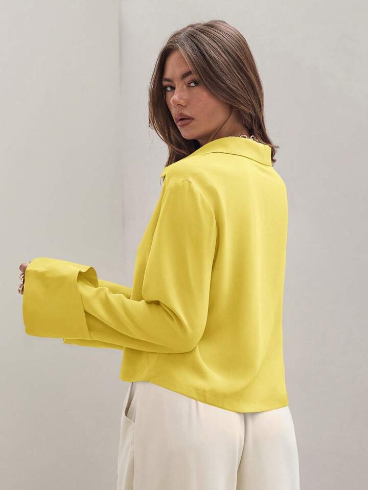 CM-TS885945 Women Trendy Bohemian Style Shirt Collar Front Tie Long Sleeve Shirt - Yellow