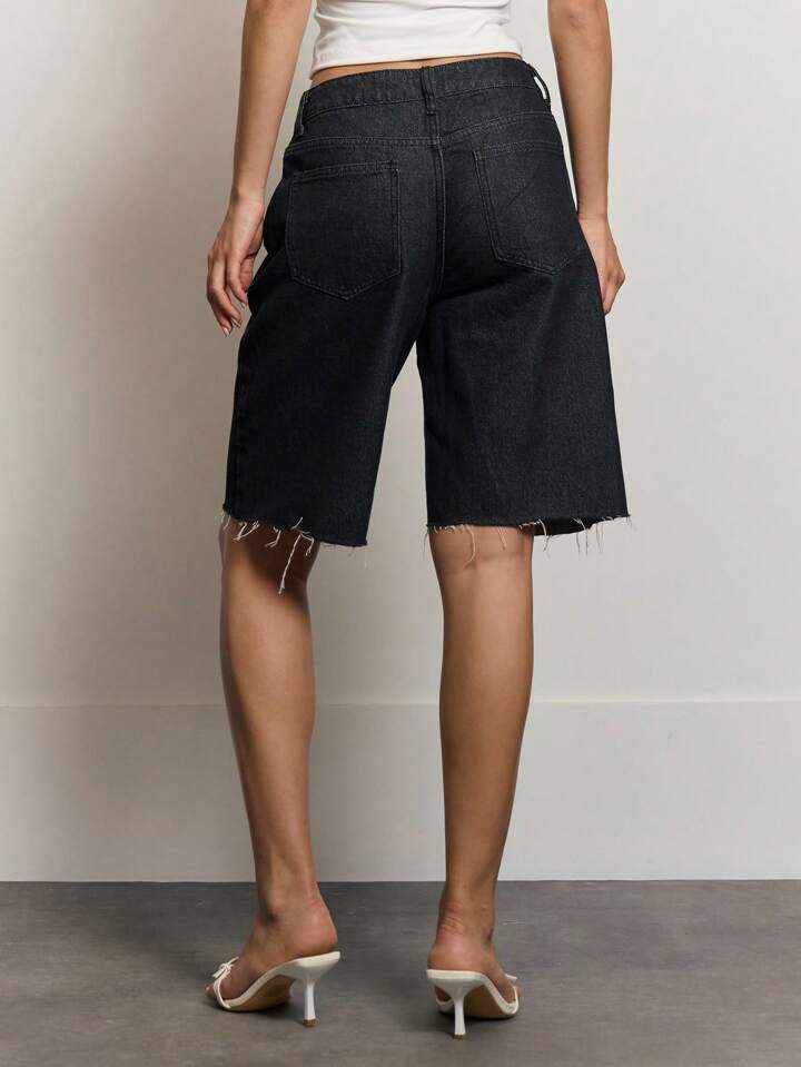 CM-BS140664 Women Casual Seoul Style Longline Dark Wash Ultra Low Waist Denim Shorts - Black