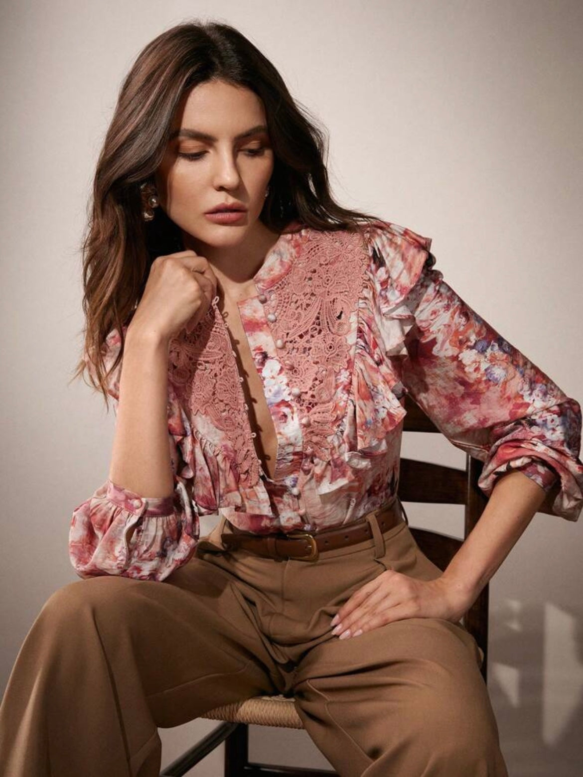 CM-TS495262 Women Elegant Seoul Style Floral Print Lace Ruffled Trim Blouse - Burgundy