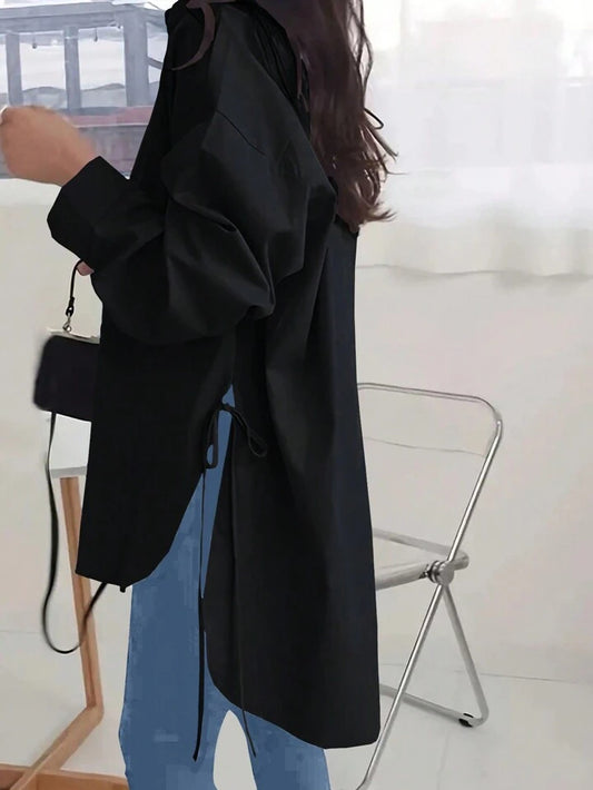 CM-TS788681 Women Casual Seoul Style Shirt Collar Batwing Long Sleeve Loose Shirt - Black