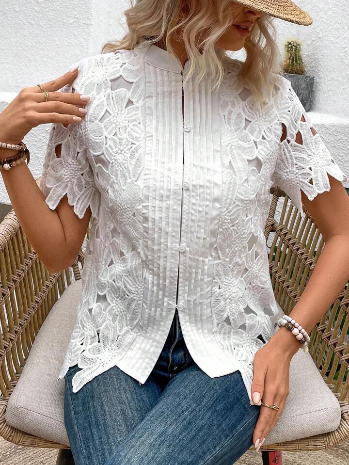 CM-TS360135 Women Trendy Bohemian Style Lace Panel Stand Collar Short Sleeve Blouse - White
