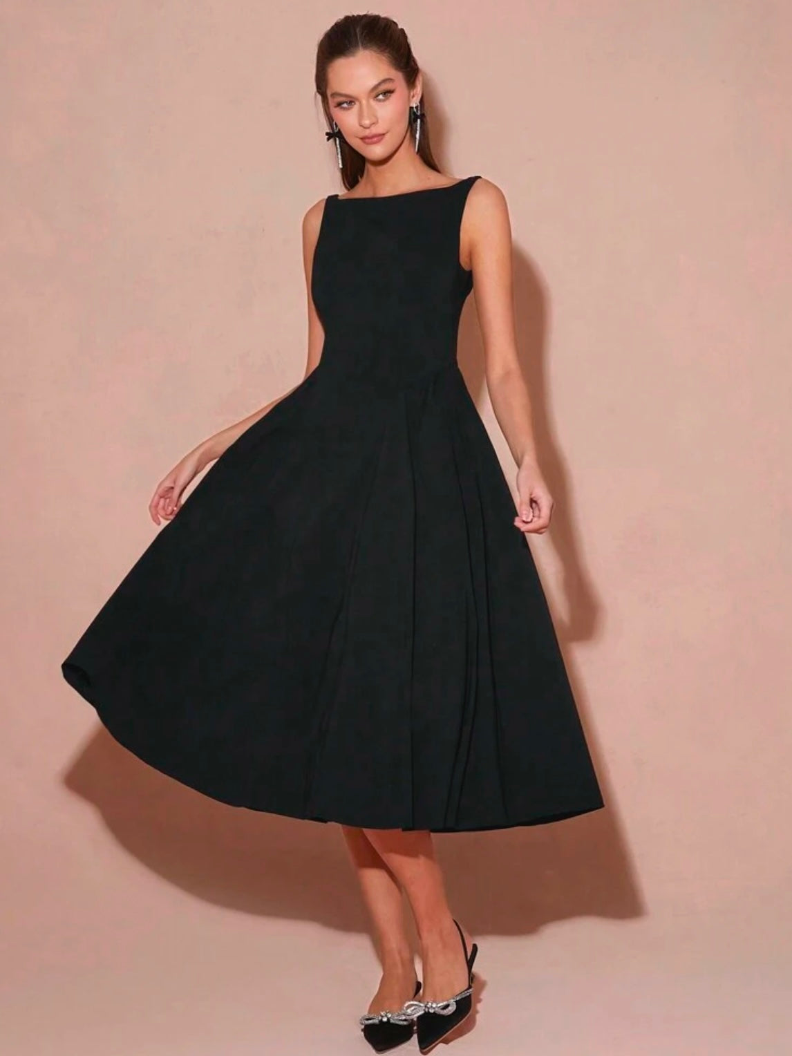 CM-DS132233 Women Elegant Seoul Style Boat Neck Sleeveless Backless A-Line Long Dress - Black