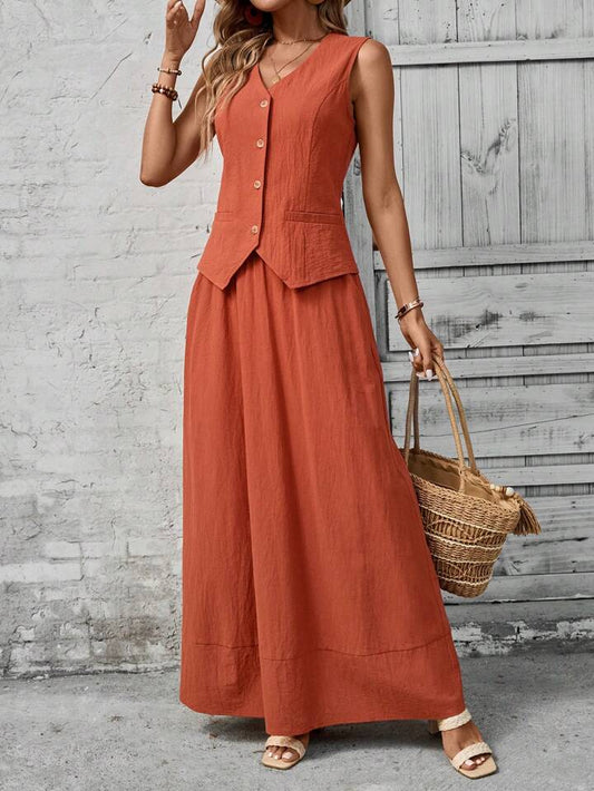 CM-SS653619 Women Trendy Bohemian Style Solid Color V-Neck Sleeveless Vest With Long Skirt - Set