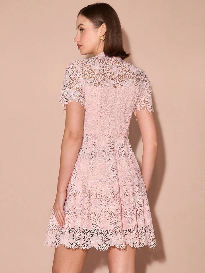 CM-DS155006 Women Elegant Seoul Style V-Neck Lace Short Sleeve Single-Breasted Mini Dress - Pink