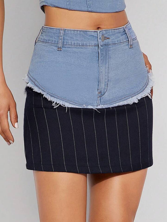 CM-BS516152 Women Casual Seoul Style Light Wash Pinstripe Mixed Media Denim Skirt