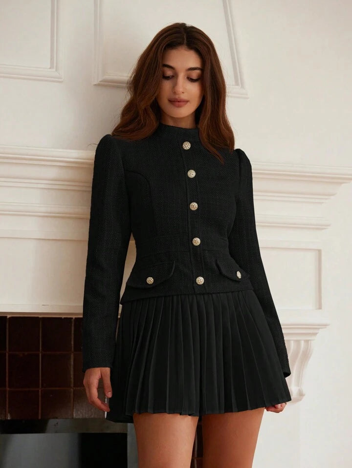 CM-DS651755 Women Elegant Seoul Style Waist Cinching Slimming Textured Patchwork Pleated Dress - Black