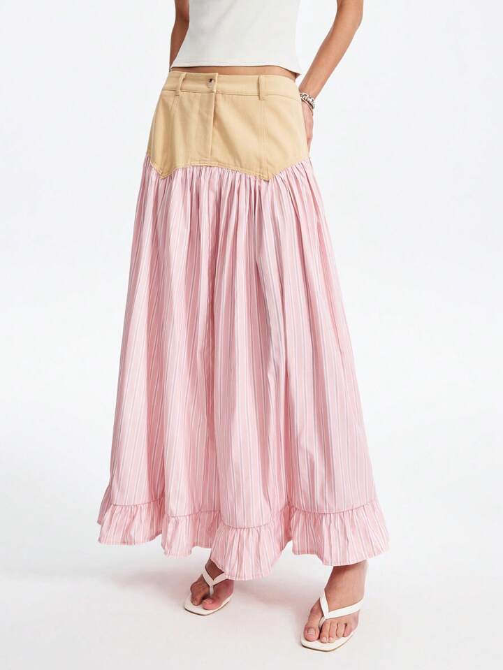 CM-BS028786 Women Casual Seoul Style Striped Asymmetric Patchwork A-Line Ruffle Hem Skirt