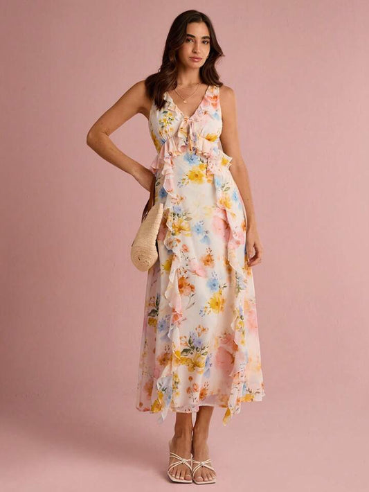 CM-DS419967 Women Trendy Bohemian Style Floral Print V-Neck Ruffle Trim Sleeveless Maxi Dress