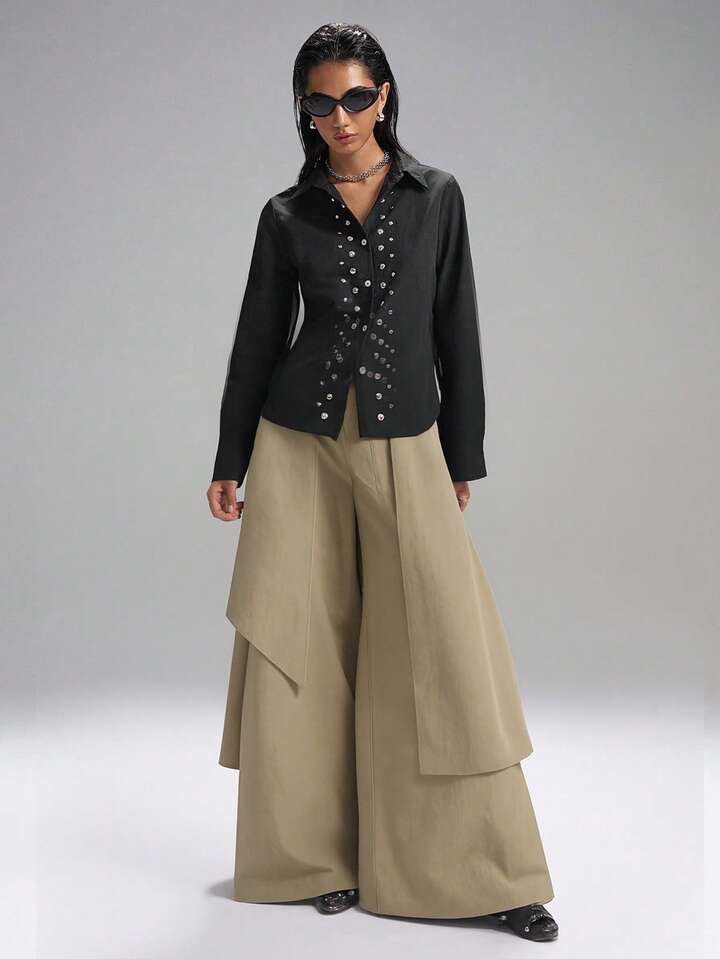 CM-BS133321 Women Casual Seoul Style Mid Waist Solid Color Loose Fit Wide Leg Pants - Khaki