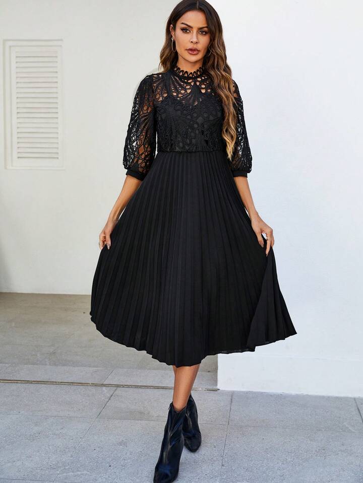 CM-DS634518 Women Trendy Bohemian Style Patchwork Corded Lace Pleated Hem Dress - Black