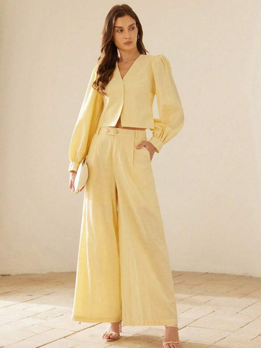 CM-SS911845 Women Elegant Seoul Style V-Neck Puff Sleeve Crop Top With Pleated Straight-Leg Button-Decor Pants - Set