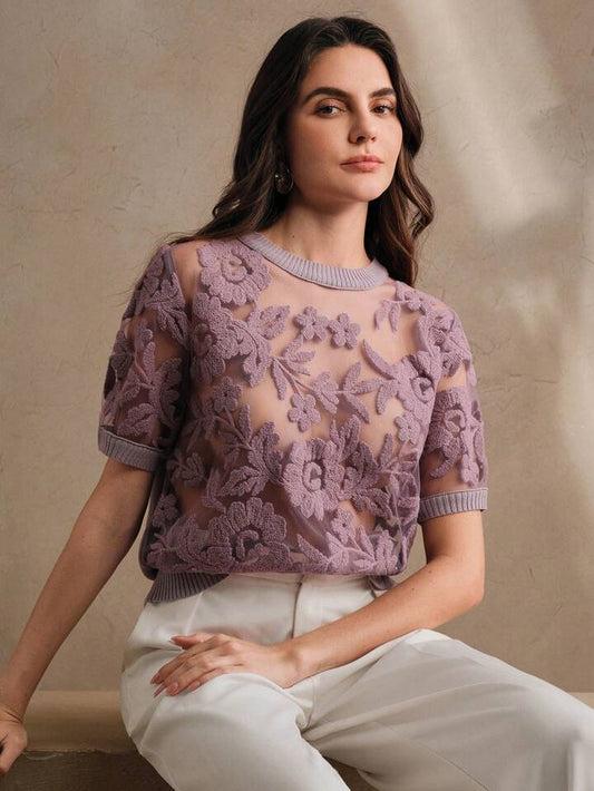 CM-TS870699 Women Casual Seoul Style Floral Mesh Round Neck Short Sleeve Knit Top - Purple