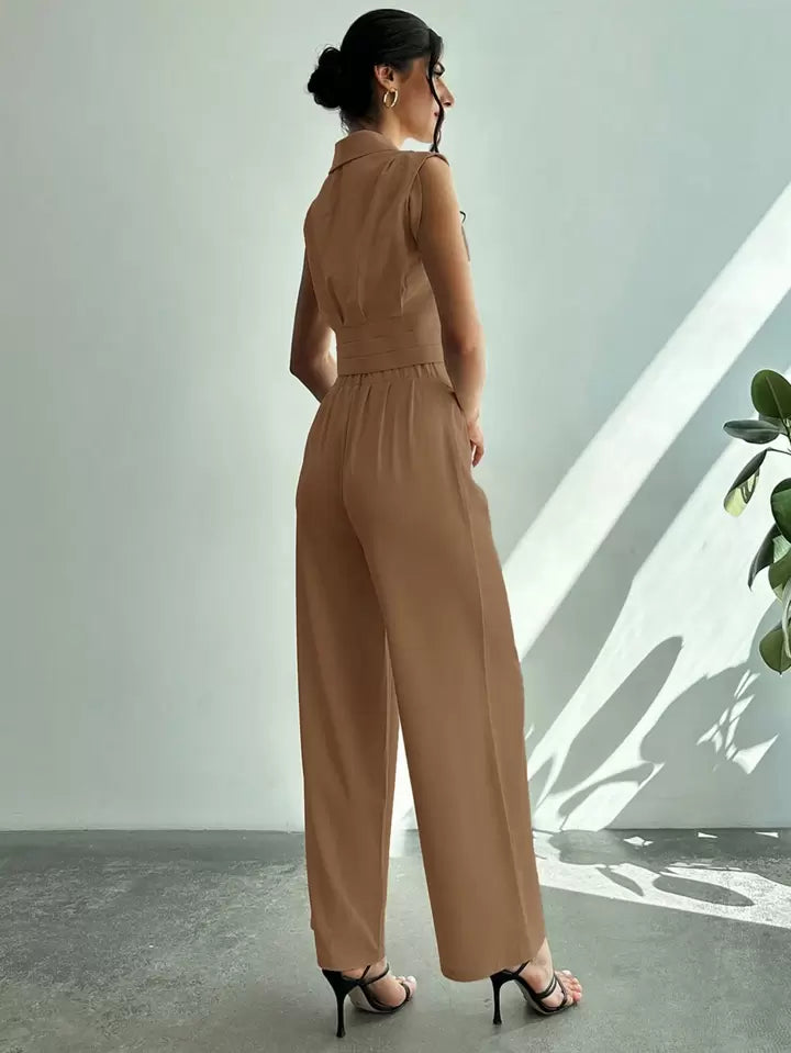 CM-SS414741 Women Elegant Seoul Style Collared Fitted Cap Sleeve Shirt With Straight-Leg Pants Suit - Camel