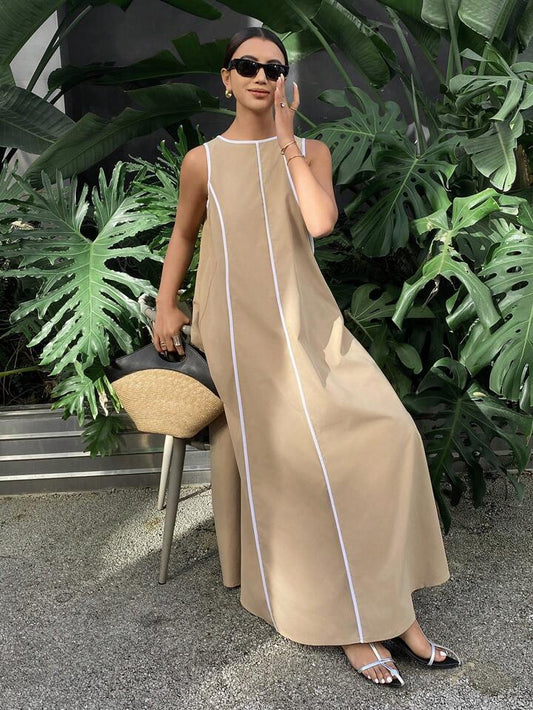 CM-DS310309 Women Casual Seoul Style Color-Conflicting Panels Sleeveless Loose Long Dress - Khaki