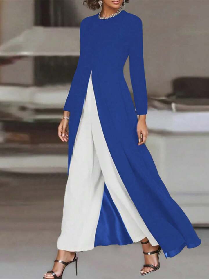 CM-SS007337 Women Casual Seoul Style Round Neck Slit Pleated Long Top With Straight Pants - Royal Blue