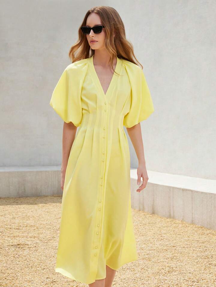 CM-DS512696 Women Elegant Seoul Style Solid Color Chiffon Cinched Waist Puff Sleeve Open Front Long Dress - Yellow
