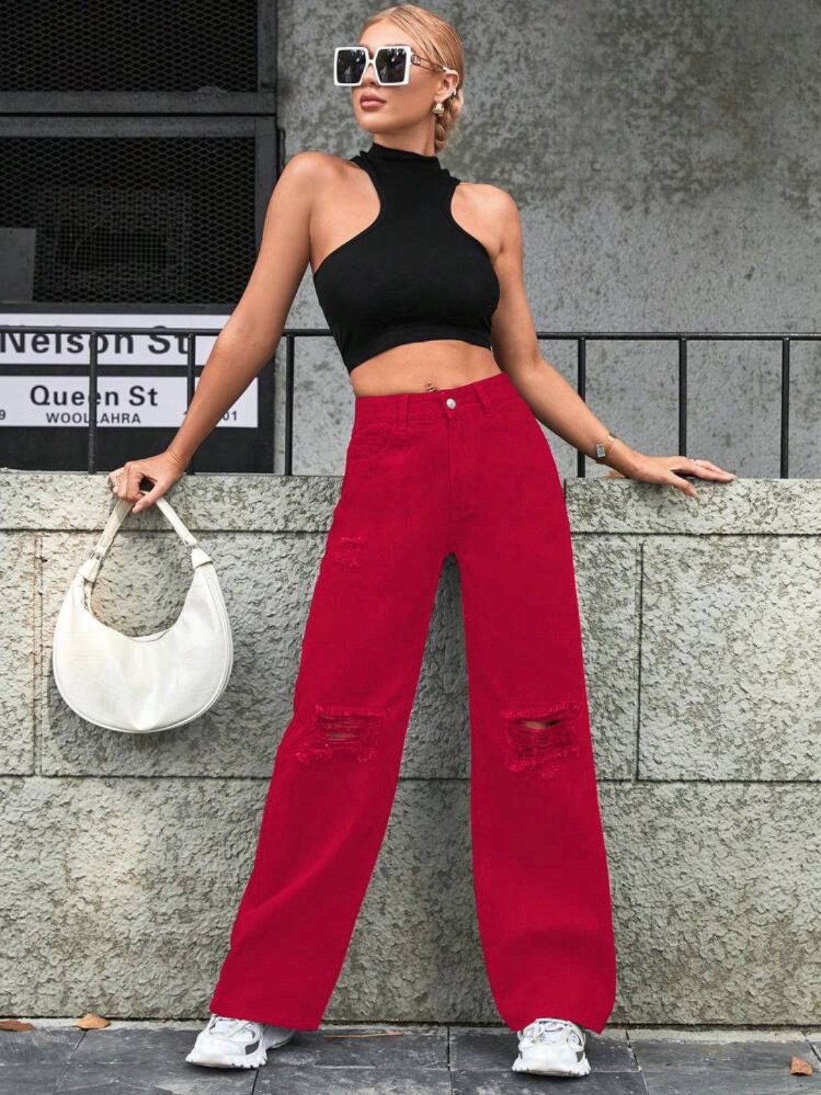 CM-BS161213 Women Casual Seoul Style High Waist Distressed Wide Leg Loose Denim Jeans - Red