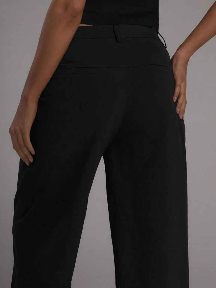 CM-BS943326 Women Casual Seoul Style Twill Slouch Fit Wide Leg Trousers - Black