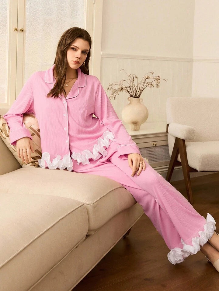 CM-LS632282 Women Trendy Seoul Style 3D Floral Patchwork Lapel Asymmetrical Ribbed Pajama Set - Pink