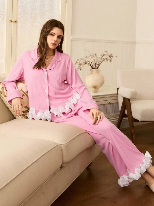 CM-LS632282 Women Trendy Seoul Style 3D Floral Patchwork Lapel Asymmetrical Ribbed Pajama Set - Pink
