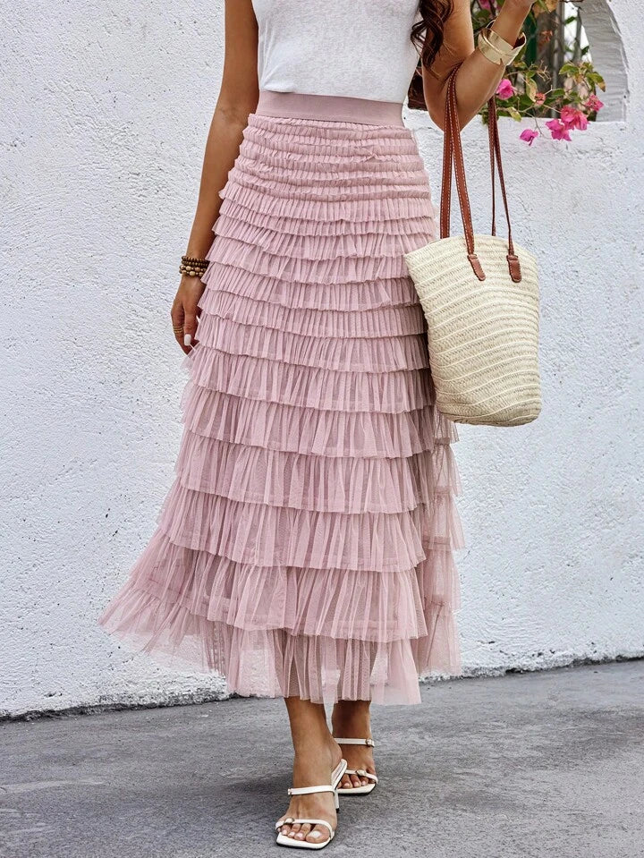 CM-BS003330 Women Casual Seoul Style High Waist Multilayer Mesh Tulle Skirt - Dusty Pink