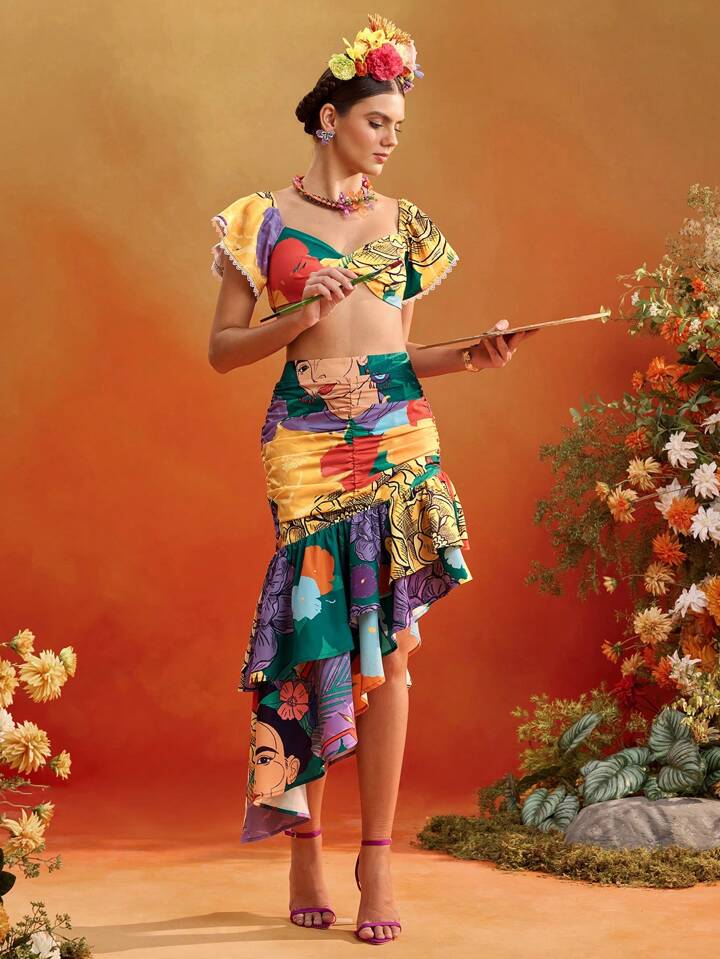 CM-BS361862 Women Elegant Seoul Style Floral Print High Waist Ruffles Layered Ruched Asymmetrical Skirt