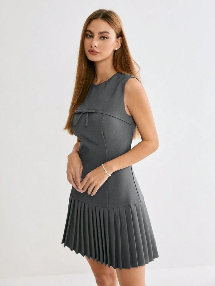 CM-DS694581 Women Casual Seoul Style Bowknot Round Neck Sleeveless Pleated Hem Short Dress - Gray