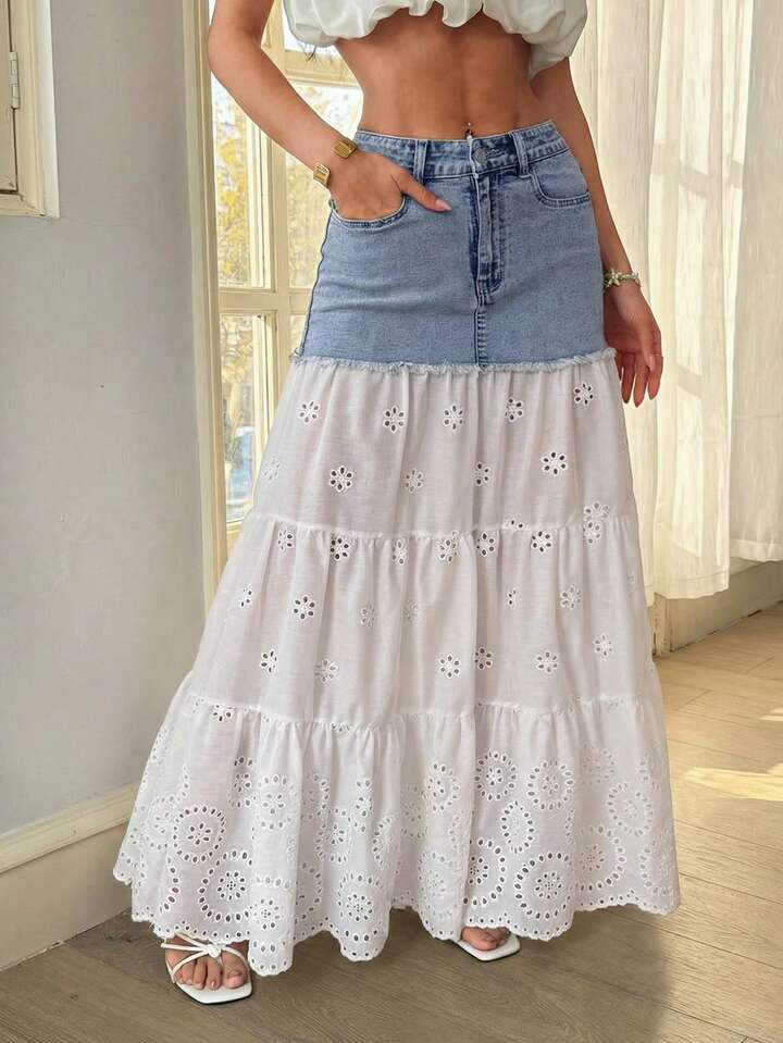 CM-BS483954 Women Casual Seoul Style Low Waist Hollow-Out Embroidery Patchwork Denim Skirt