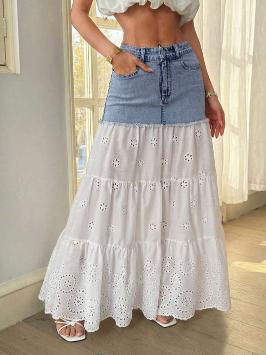CM-BS483954 Women Casual Seoul Style Low Waist Hollow-Out Embroidery Patchwork Denim Skirt