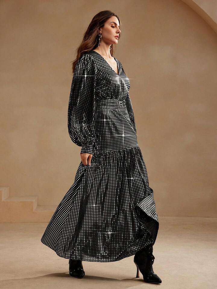 CM-DS106765 Women Elegant European Style V-Neck Long Sleeve High Waist A-Line Maxi Dress - Black