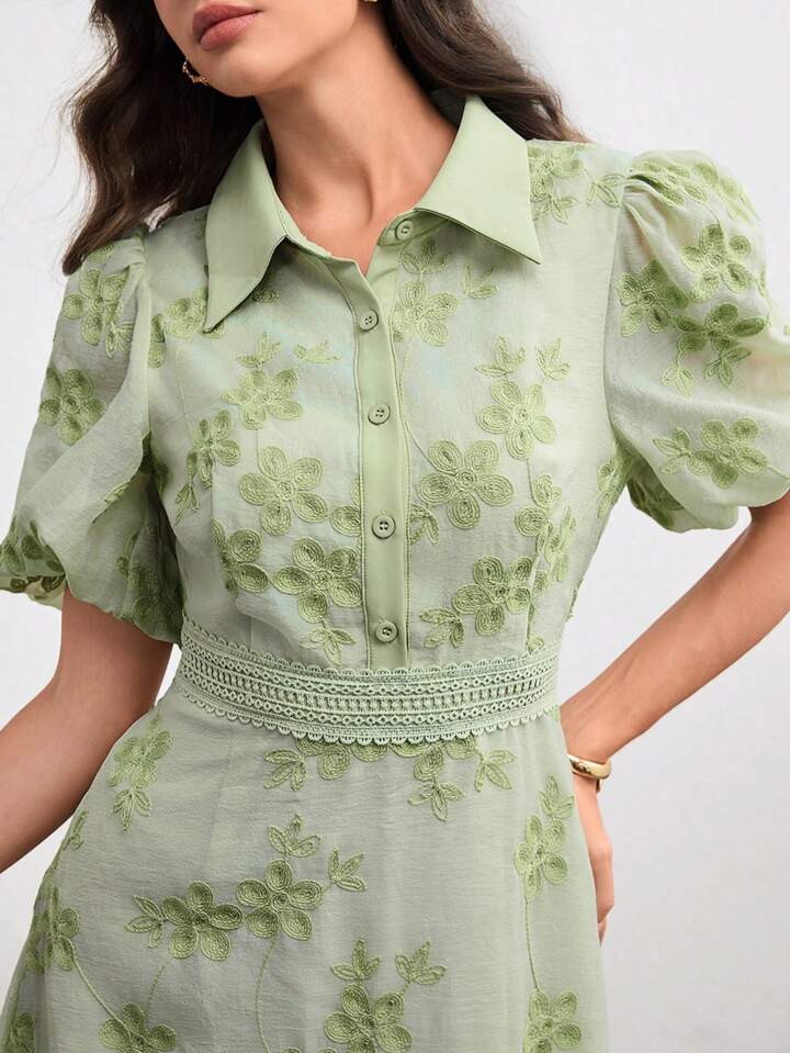 CM-DS301711 Women Elegant Seoul Style Turn-Down Collar Waist Banded Embroidered Long Dress - Green
