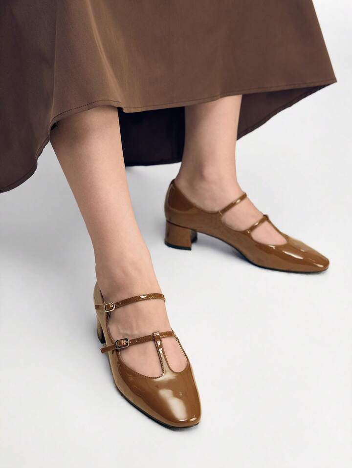 CM-SHS026446 Women Trendy Seoul Style Glossy Buckle Design High Heels Sandals - Coffee Brown