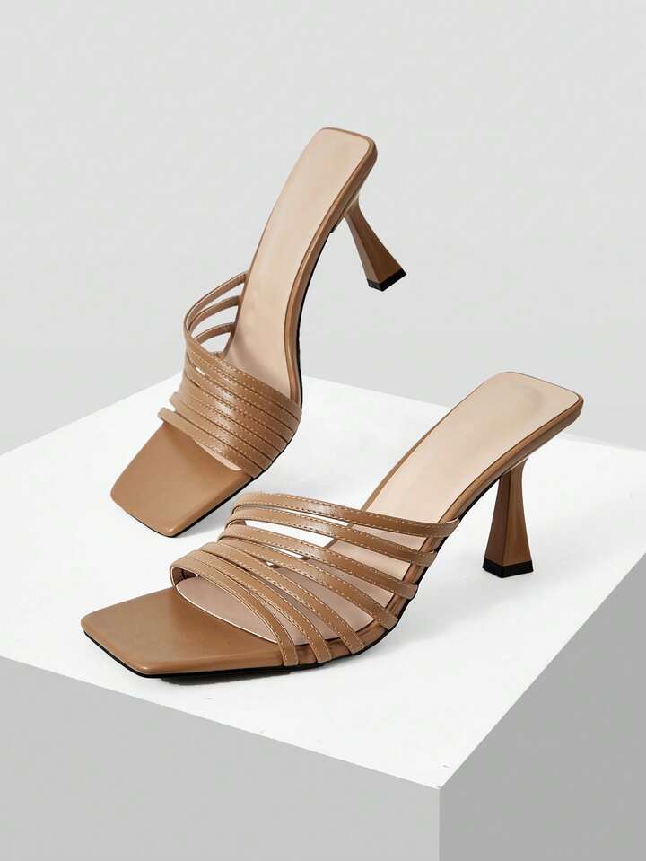 CM-SHS159881 Women Trendy Seoul Style Square Toe High Heel Slide Sandals - Camel