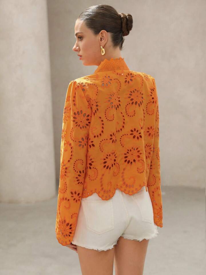 CM-TS187735 Women Trendy Bohemian Style Bowknot Tie Frayed Hem Embroidered Loose Long Sleeve Blouse - Orange