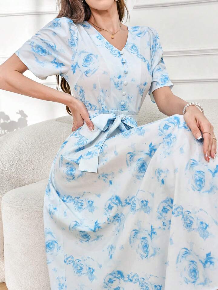 CM-DS338899 Women Trendy Bohemian Style Floral Print V-Neck Puff Sleeve Belted Dress - Blue