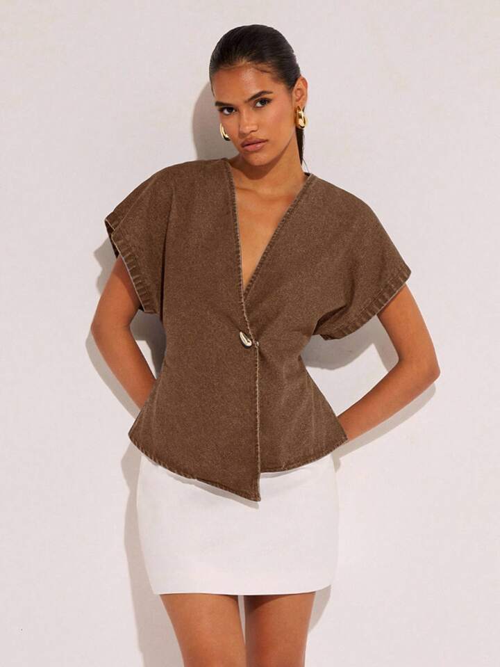 CM-TS555848 Women Casual Seoul Style Single-Button V-Neck Batwing Sleeve Denim Blouse - Brown