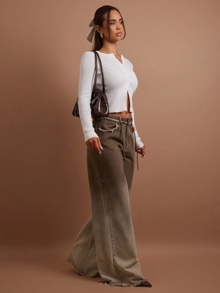 CM-BS298965 Women Casual Seoul Style Low Waist Front Button Pocket Frayed Hem Denim Jeans - Brown
