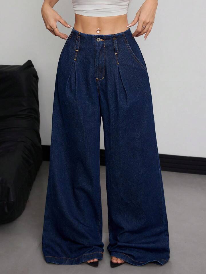 CM-BS170080 Women Casual Seoul Style Mid Waist Loose Extra Long Straight-Leg Denim Jeans - Blue