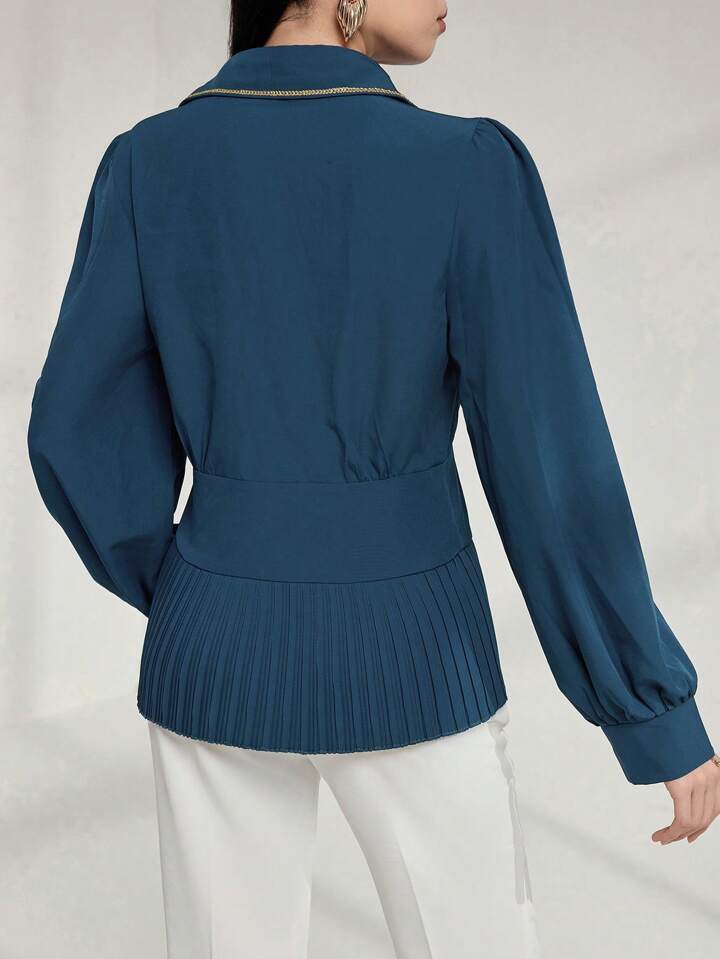 CM-TS121002 Women Casual Seoul Style Collar Neckline Long Sleeve Pleated Patchwork Shirt - Teal Blue