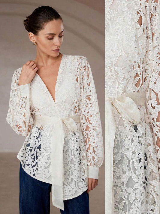 CM-TS141447 Women Elegant Seoul Style V-Neck Semi-Sheer Wrap Belted Long Sleeve Blouse