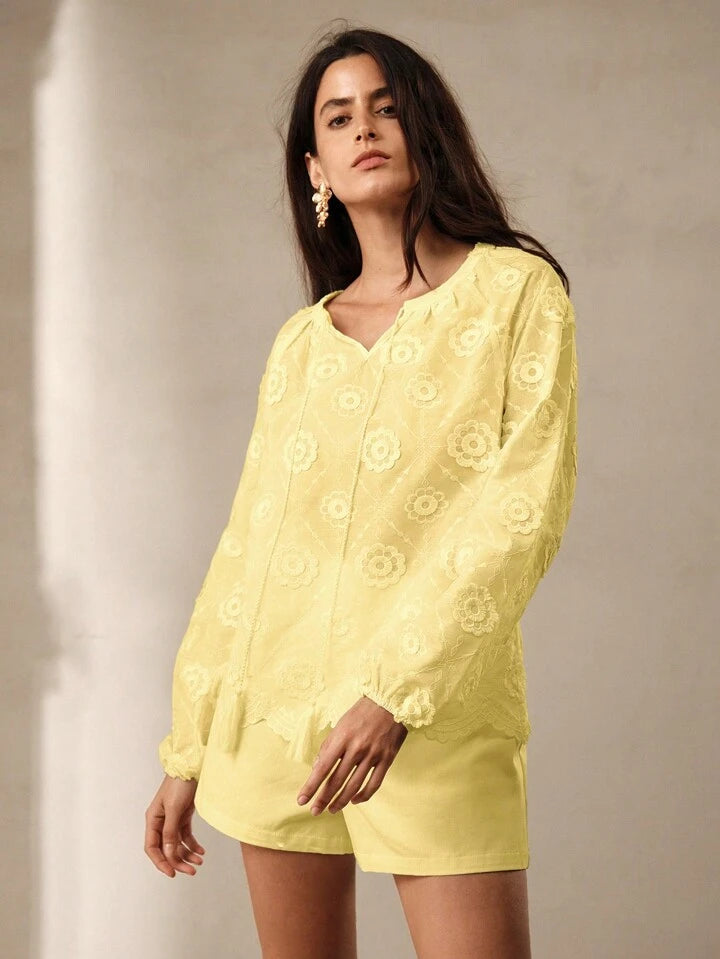 CM-TS767445 Women Trendy Bohemian Style V-Neck Tie Front Long Sleeve Floral Print Shirt - Yellow