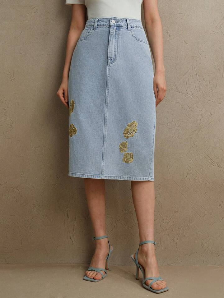 CM-BS252140 Women Elegant Seoul Style Floral Embroidered Fitted High Waist Midi Denim Skirt - Blue