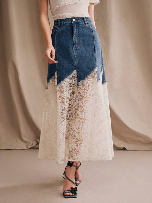 CM-BS740722 Women Casual Seoul Style Mid Waist Glitter Lace Mermaid Maxi Denim Skirt - Blue