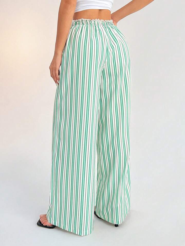 CM-BS773467 Women Casual Seoul Style Striped Mid-Rise Loose Wide-Leg Trousers - Green