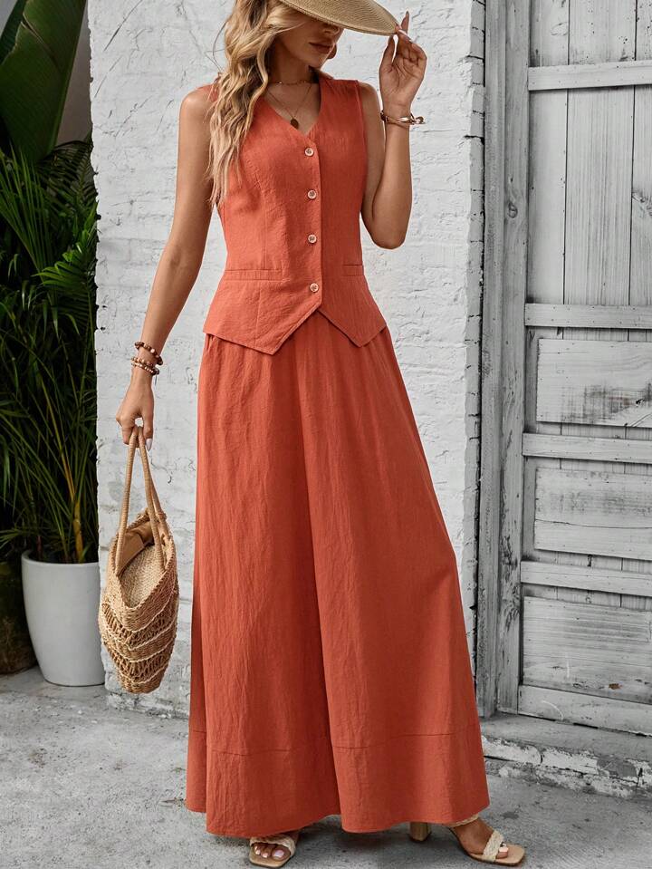 CM-SS653619 Women Trendy Bohemian Style Solid Color V-Neck Sleeveless Vest With Long Skirt - Set