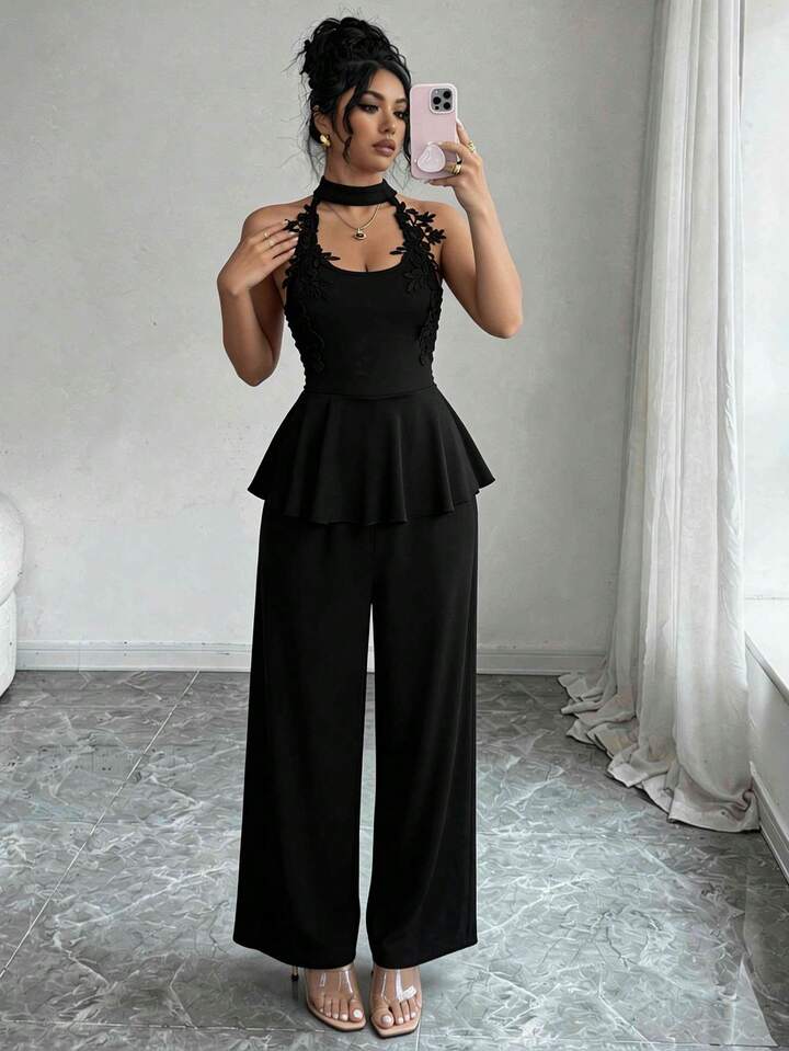 CM-JS958594 Women Elegant Seoul Style Halter Cutout Shoulder Applique Slim Fit Jumpsuit - Black
