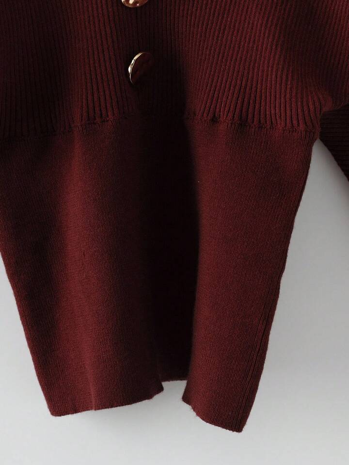 CM-CS333875 Women Elegant Seoul Style Metal Button Decor V-Neck Batwing Sleeve Sweater - Burgundy