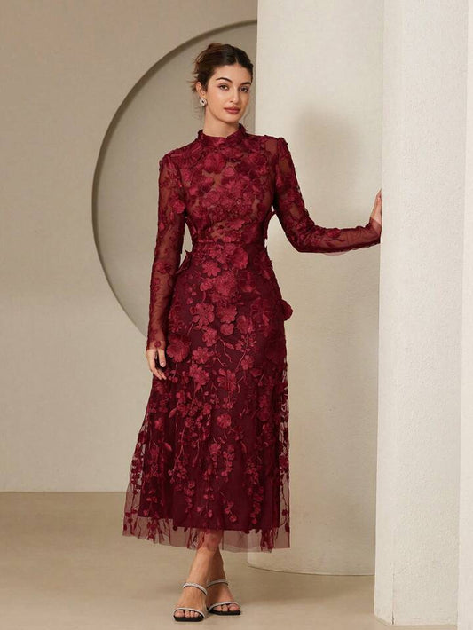 CM-DS735113 Women Elegant Seoul Style Stand Collar Cinched Waist 3D Floral Embroidery Dress - Red Violet