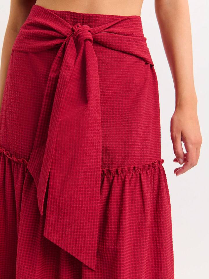CM-BS094288 Women Trendy Bohemian Style Gathered Seams Oversized Waist Tie Tiered Maxi Skirt - Burgundy